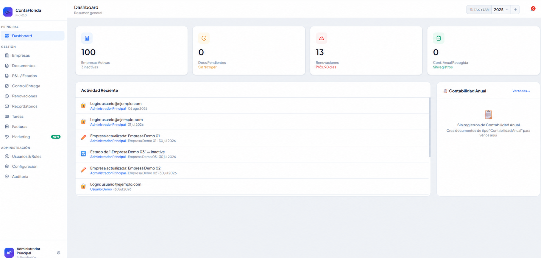Dashboard de ContaFlorida CRM Pro
