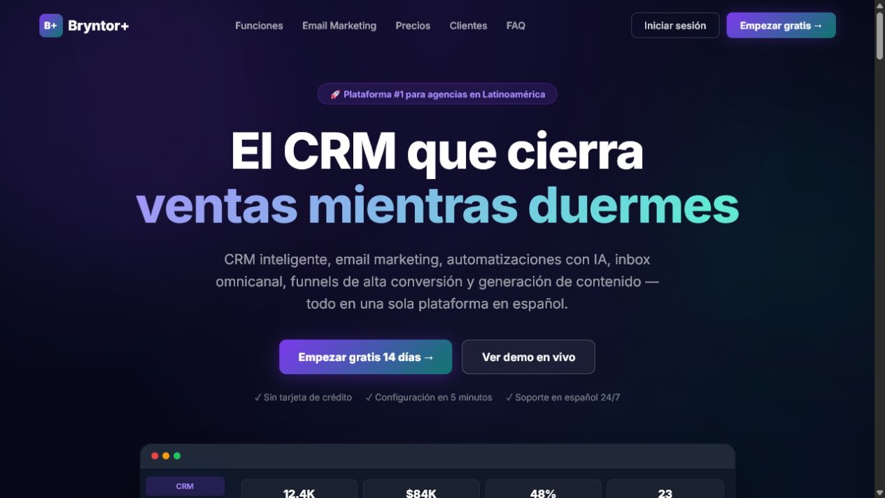 Vista de Bryntor Plus, plataforma de CRM, funnels y automatización