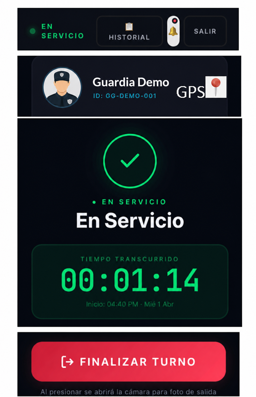 Guardia en servicio con control GPS y registro de turno
