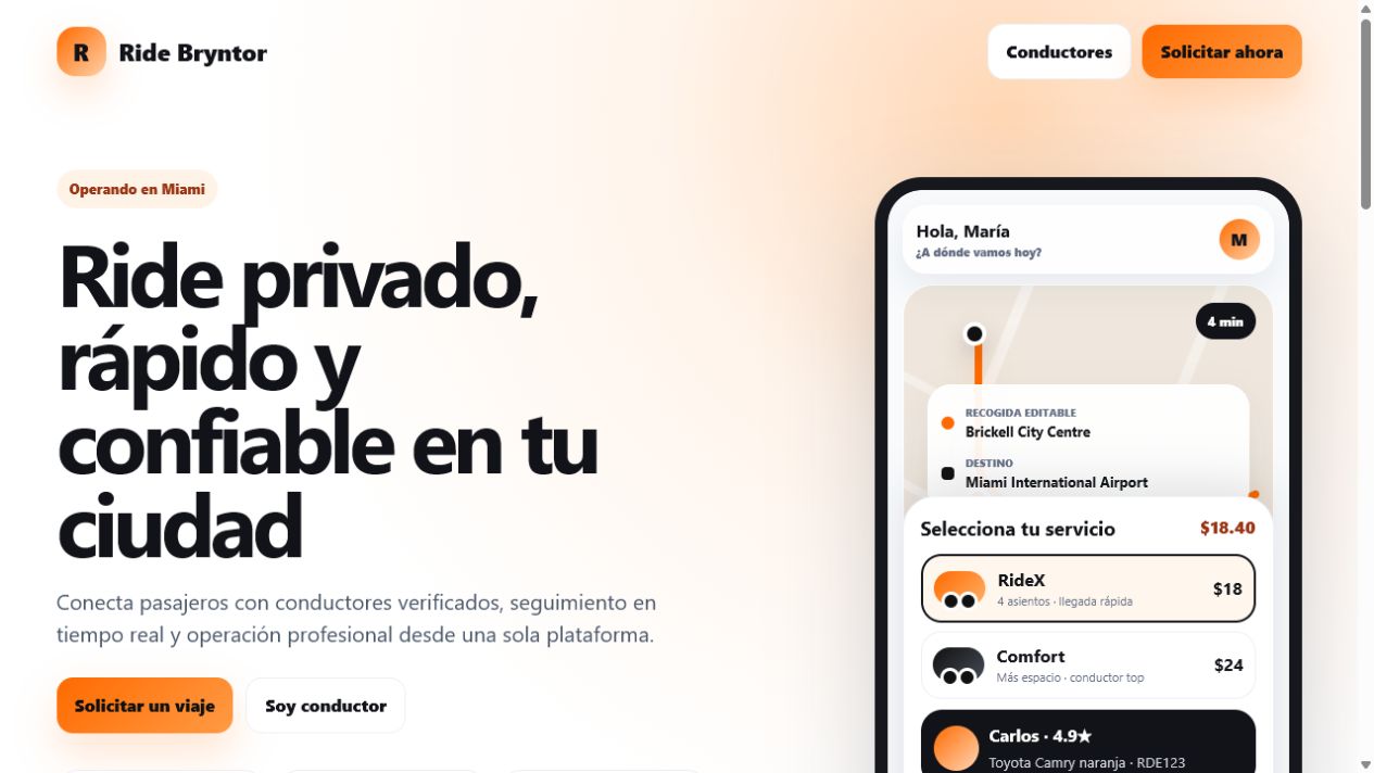 Landing de Ride Bryntor para transporte privado